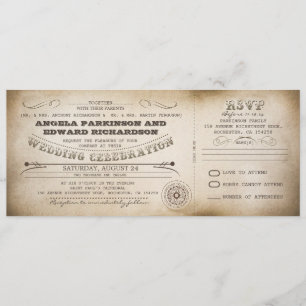 wedding vintage ticket invitation with RSVP design