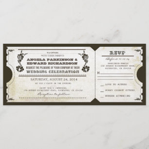 wedding vintage ticket invitation with RSVP design