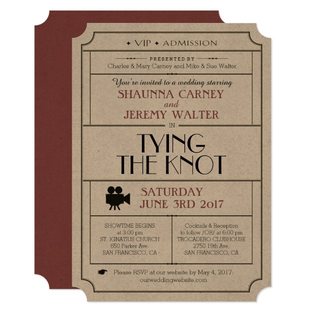Wedding Vintage Ticket Invite / Cinema Film Theme