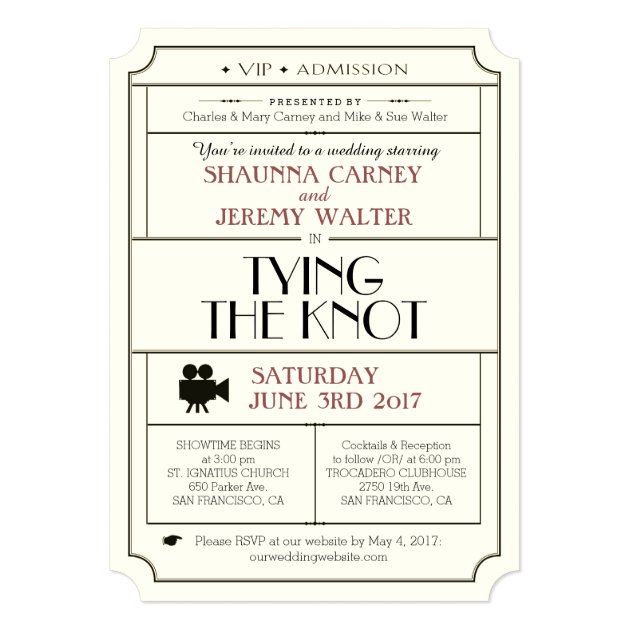 Wedding Vintage Ticket Invite / Cinema Film Theme