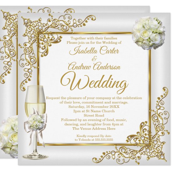 Wedding Vintage White Champagne Gold Pearl Photo Invitation