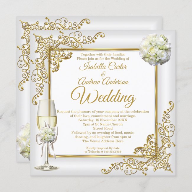 Wedding Vintage White Champagne Gold Pearl Photo Invitation
