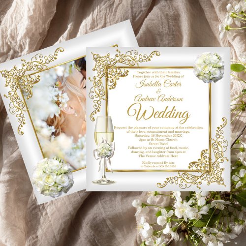 Wedding Vintage White Champagne Gold Pearl Photo Invitation