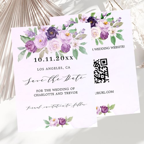 Wedding violet floral QR code budget save the date