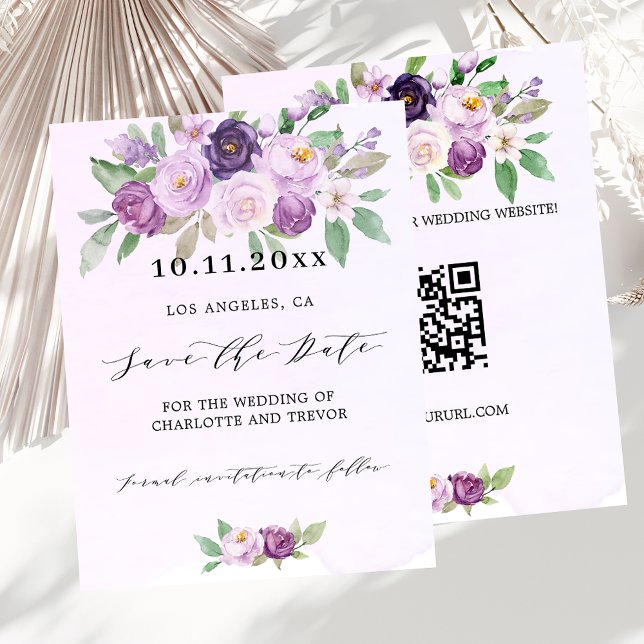 Wedding violet floral QR code budget save the date (Creator Uploaded)
