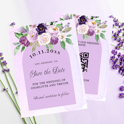 Wedding violet florals QR budget save the date