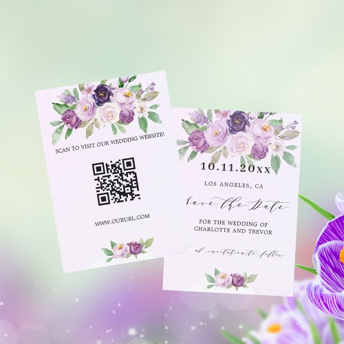 Wedding violet flowers QR code website Save The Date