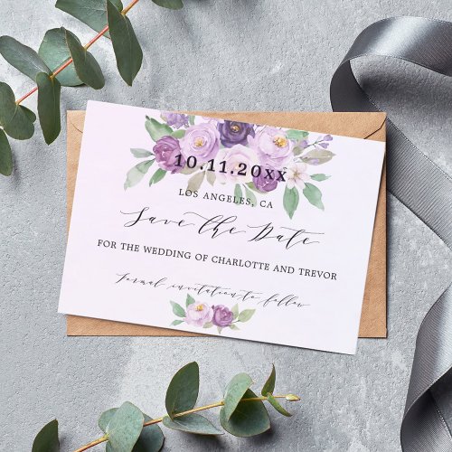 Wedding violet flowers save the date