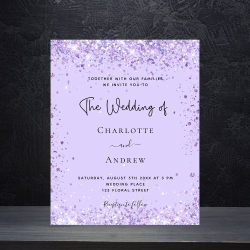 Wedding violet glitter script budget invitation  flyer