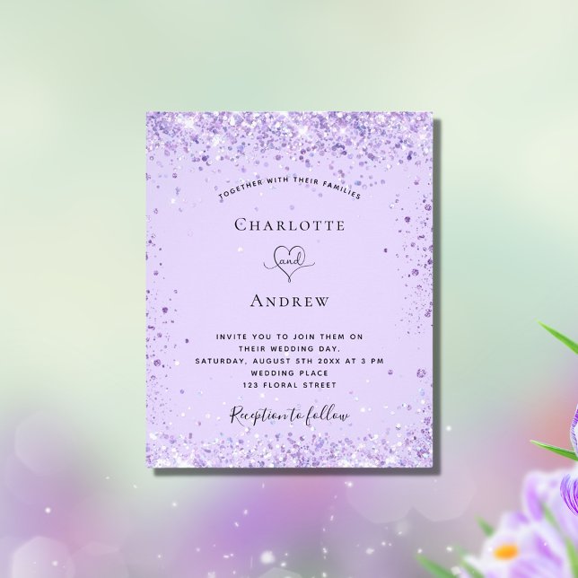 Wedding violet glitter script budget invitation flyer (Creator Uploaded)