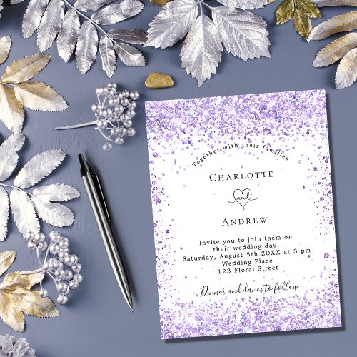 Wedding violet glitter script white elegant invitation postcard