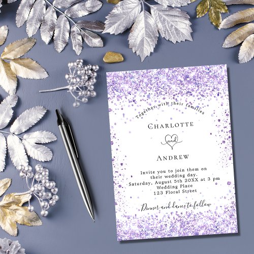 Wedding violet glitter script white luxury invitation