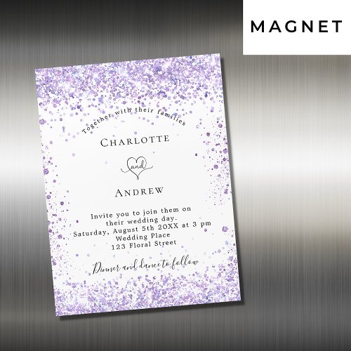 Wedding violet glitter white magnet invitation