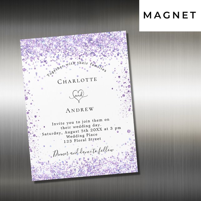 Wedding violet glitter white magnet invitation (Creator Uploaded)