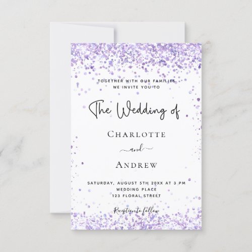 Wedding violet lavender glitter dust script invitation