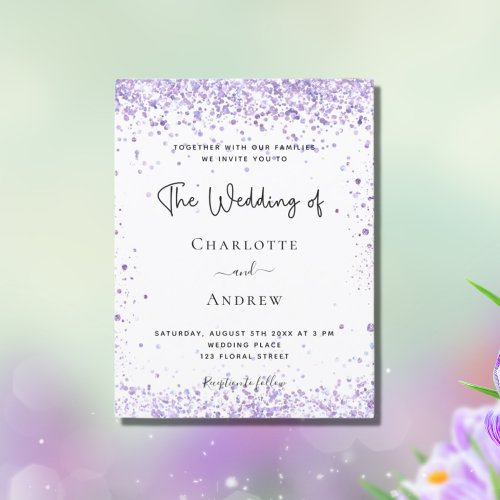 Wedding violet lavender glitter script invitation postcard