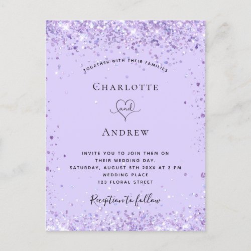 Wedding violet lavender glitter script  invitation postcard