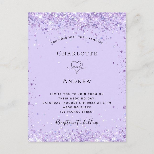 Wedding violet lavender glitter script  invitation postcard (Front)