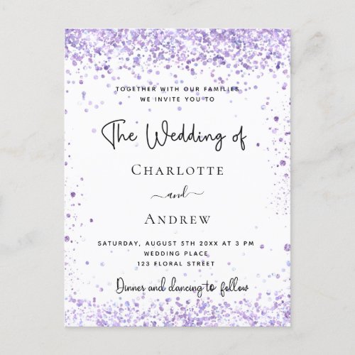 Wedding violet lavender glitter script invitation postcard