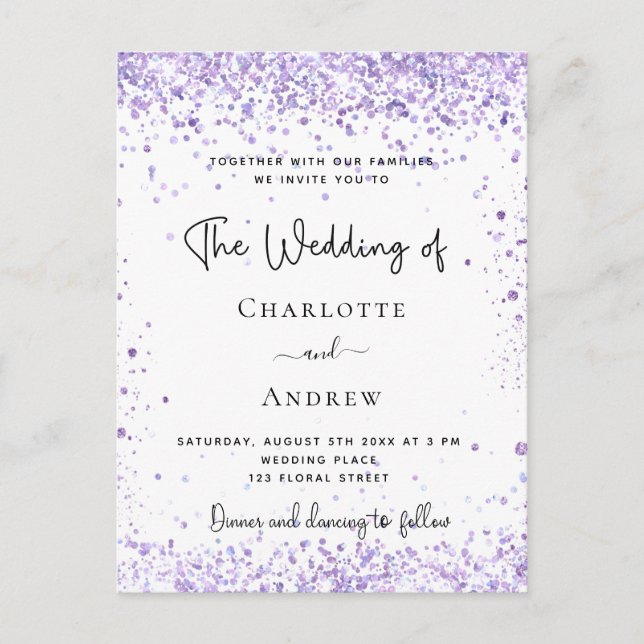 Wedding violet lavender script invitation postcard (Front)