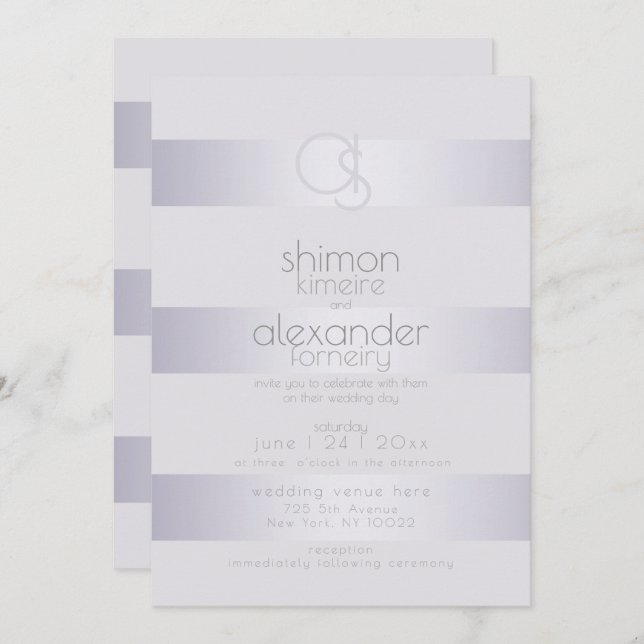 Wedding | Violet-Silver  Shimmer Stripe Monogram3 Invitation (Front/Back)