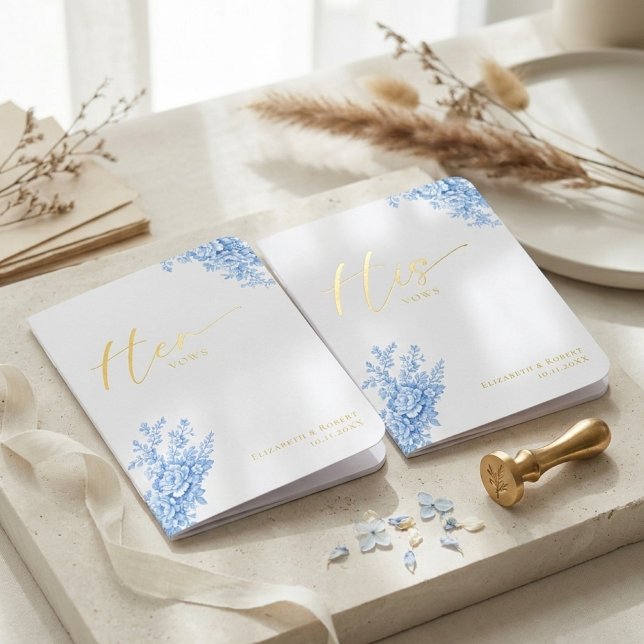Wedding Vow Books His Hers Script Blue Floral (Creator Uploaded)
