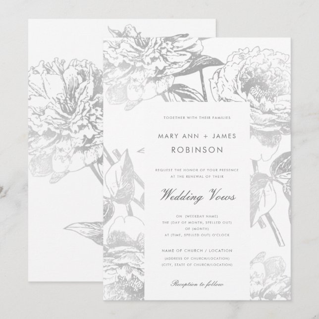 Wedding Vow Renewal Modern Simple Floral Silver Invitation (Front/Back)