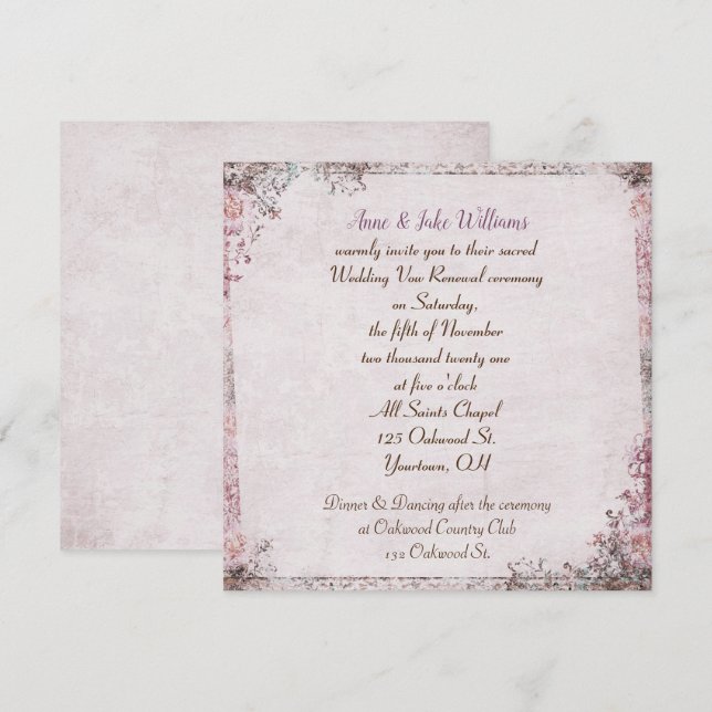 wedding vow renewal old-fashioned floral border invitation (Front/Back)