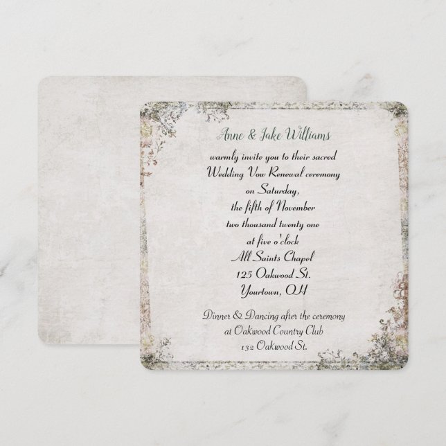 wedding vow renewal old-fashioned floral border invitation (Front/Back)