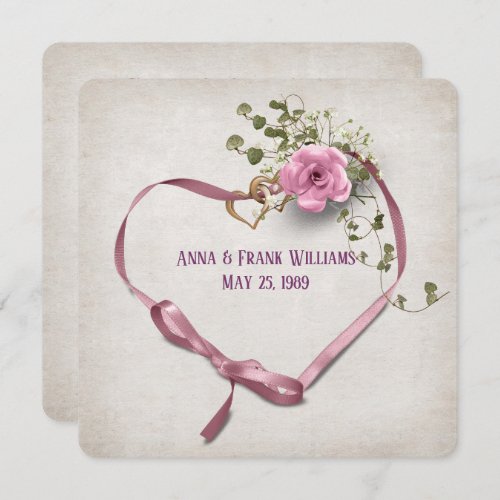 wedding vow renewal_pink ribbon heart with rings invitation