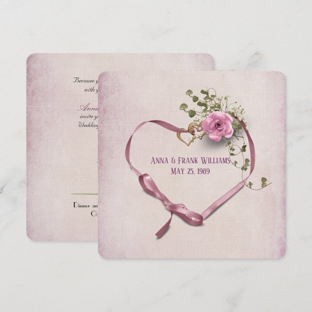 wedding vow renewal pink ribbon heart with rings invitation (Front/Back)