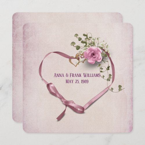 wedding vow renewal pink ribbon heart with rings invitation