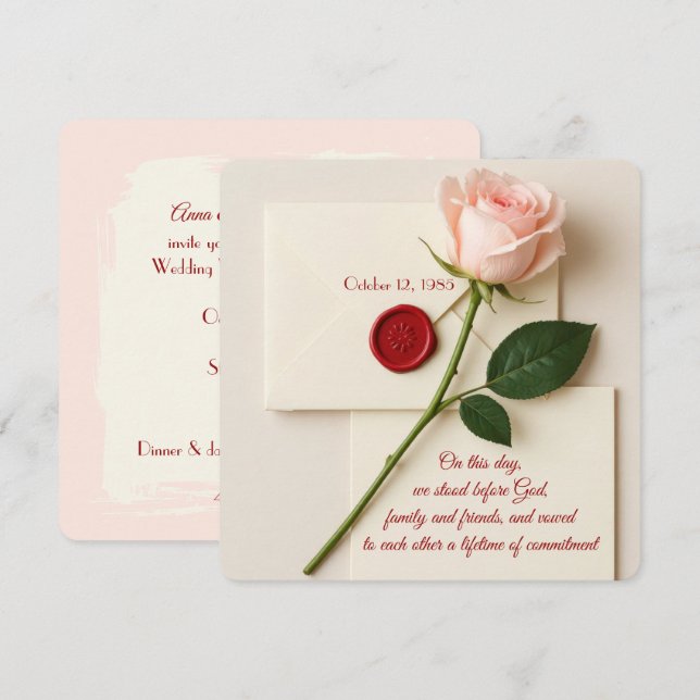 Wedding Vow Renewal Pink Rose With Red Wax Seal Invitation (Front/Back)