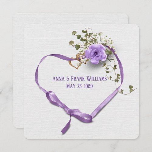 wedding vow renewal_purple ribbon heart with rings invitation