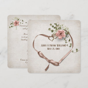 wedding vow renewal-ribbon heart with rings invitation