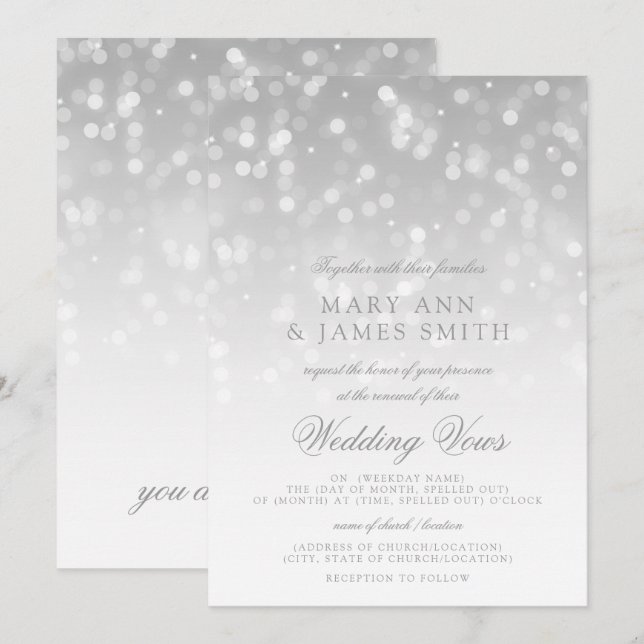 Wedding Vow Renewal Silver Bokeh Sparkle Lights Invitation (Front/Back)