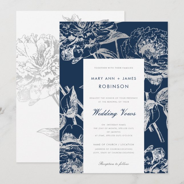 Wedding Vow Renewal Simple Floral Silver Navy Blue Invitation (Front/Back)