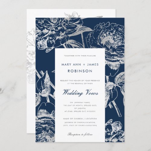 Wedding Vow Renewal Simple Floral Silver Navy Blue Invitation