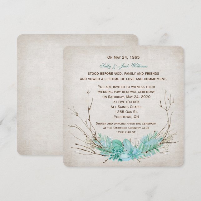 wedding vow renewal-turquoise floral twig bouquet invitation (Front/Back)