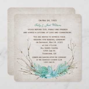 wedding vow renewal-turquoise floral twig bouquet invitation