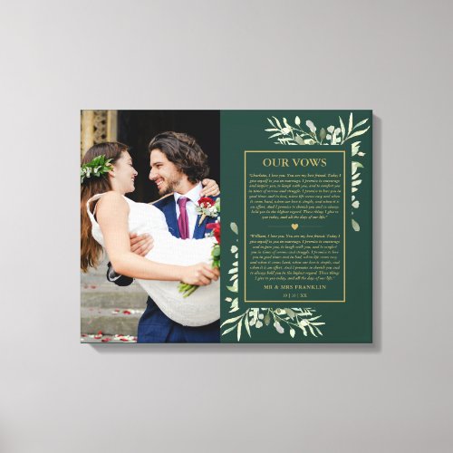 Wedding Vows Emerald And Gold Greenery Photo  Canvas Print
