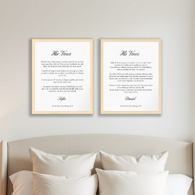 Wedding Vows His Hers Elegant Modern Classic Gift Wall Art Sets (wedding vows prints newlywed anniversary gift elegant script modern classic simple style)