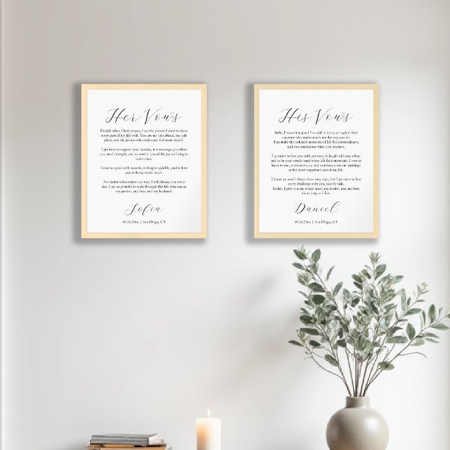 Wedding Vows His Hers Elegant Modern Couple Gift Wall Art Sets (wedding vows prints newlywed anniversary gift elegant script modern calligraphy simple style)