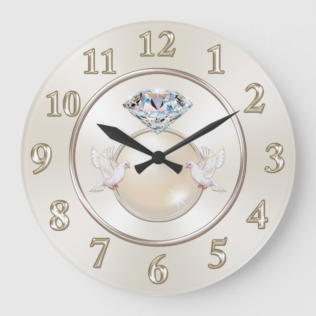 Wedding Wall Clock, Love Birds, Diamond and Pearl Large Clock (Front)