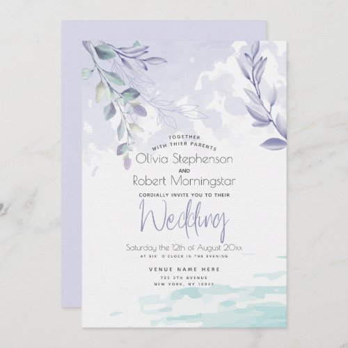 Wedding  Watercolor Aqua Lilac Rustic Foliage Invitation