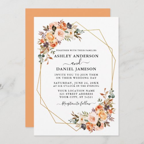 Wedding Watercolor Autumn Floral Geo Frame Peach Invitation