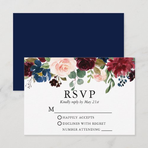 Wedding Watercolor Blue Burgundy Pink Floral RSVP Card