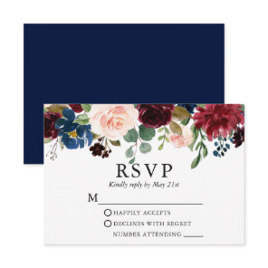 Wedding Watercolor Blue Burgundy Pink Floral RSVP Card