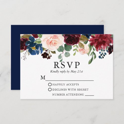 Wedding Watercolor Blue Burgundy Pink Floral RSVP Card