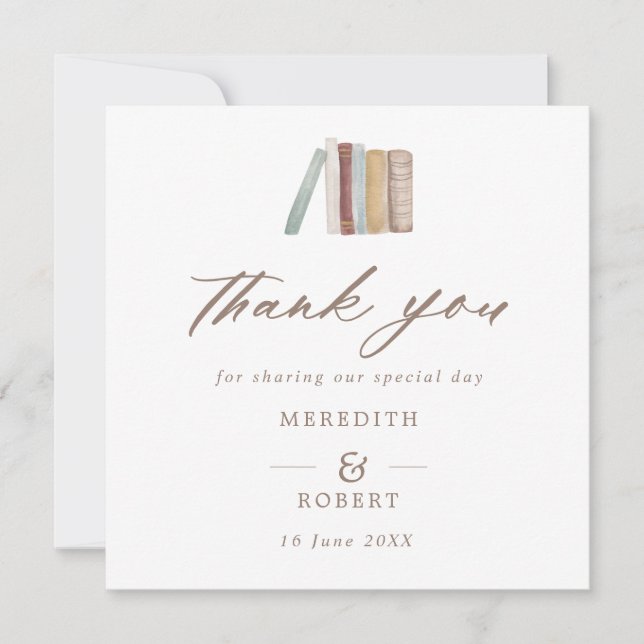 Wedding Watercolor Books Calligraphy Square Thank You Card (Front)